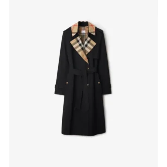 Dlouhý Trench Coat z gabardénu s kostkovaným límcem
