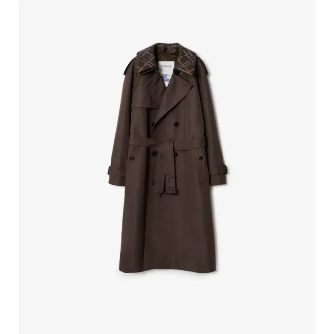 Dlouhý Trench Coat z hedvábné bavlny s kostkovaným límcem Dlouhý Trench Coat z hedvábné bavlny s kostkovaným límcem