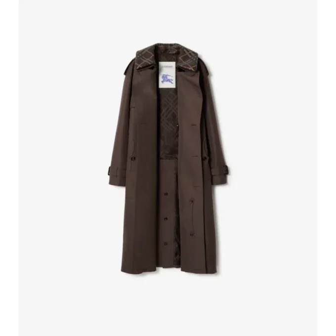 Dlouhý Trench Coat z hedvábné bavlny s kostkovaným límcem Dlouhý Trench Coat z hedvábné bavlny s kostkovaným límcem