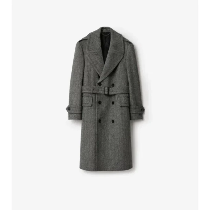 Dlouhý Trench Coat z vlny s rybí kostkou Dlouhý Trench Coat z vlny s rybí kostkou