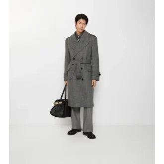 Dlouhý Trench Coat z vlny s rybí kostkou