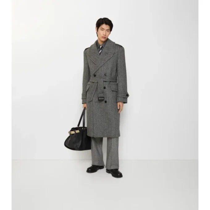 Dlouhý Trench Coat z vlny s rybí kostkou Dlouhý Trench Coat z vlny s rybí kostkou