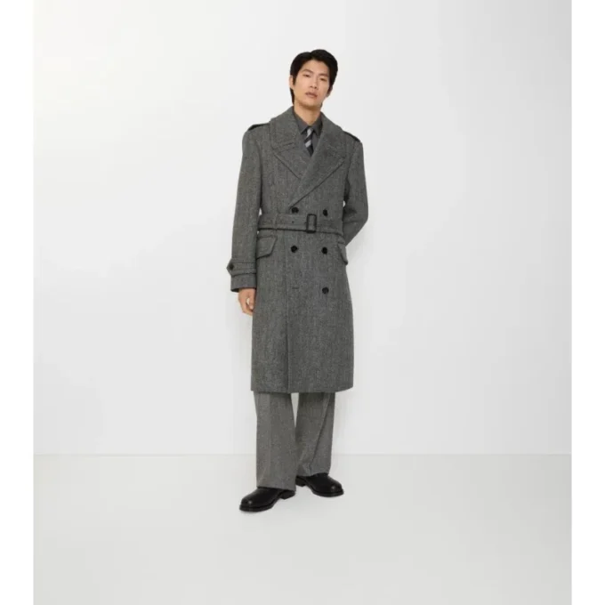 Dlouhý Trench Coat z vlny s rybí kostkou Dlouhý Trench Coat z vlny s rybí kostkou