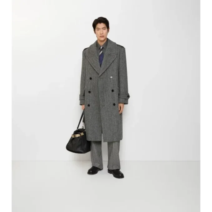 Dlouhý Trench Coat z vlny s rybí kostkou Dlouhý Trench Coat z vlny s rybí kostkou