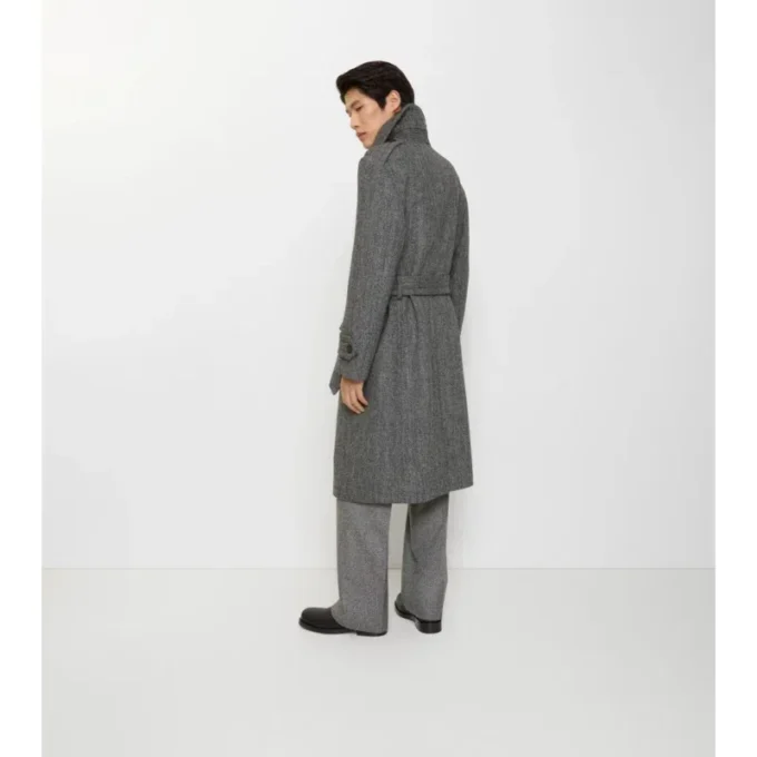 Dlouhý Trench Coat z vlny s rybí kostkou Dlouhý Trench Coat z vlny s rybí kostkou