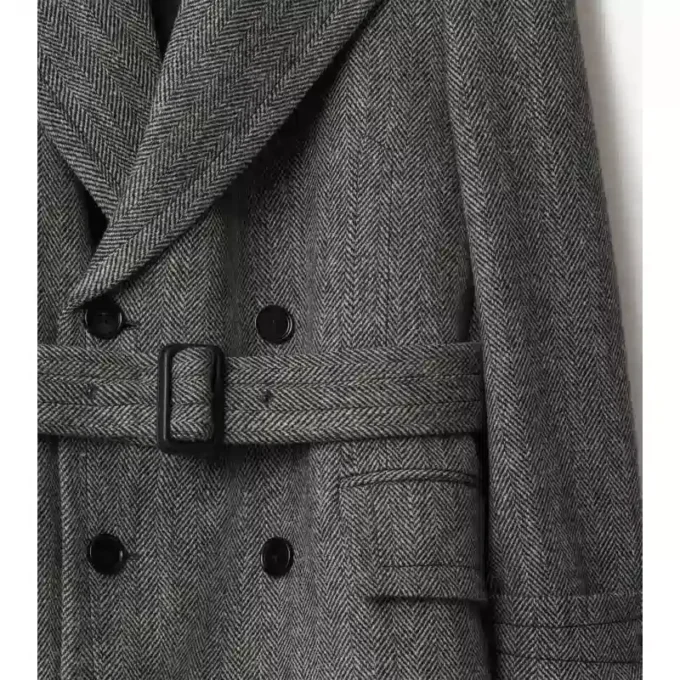 Dlouhý Trench Coat z vlny s rybí kostkou Dlouhý Trench Coat z vlny s rybí kostkou