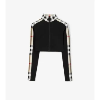 Krátký top na zip z elastického džerzeje s kostkovaným lemem Krátký top na zip z elastického džerzeje s kostkovaným lemem