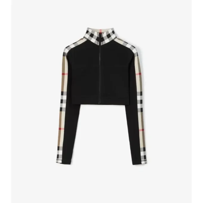 Krátký top na zip z elastického džerzeje s kostkovaným lemem Krátký top na zip z elastického džerzeje s kostkovaným lemem